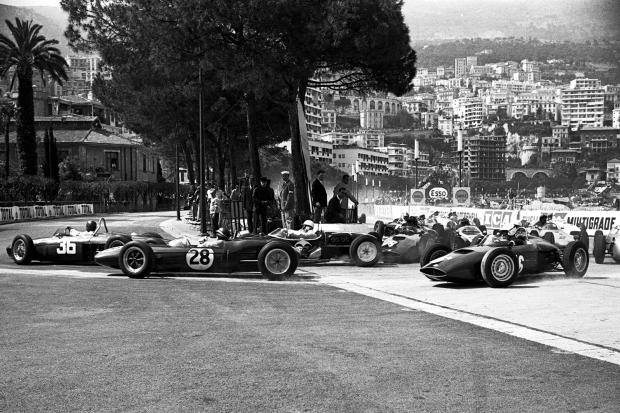 Ginther leads from Clark and Moss at the start of the ’61 Monaco Grand Prix